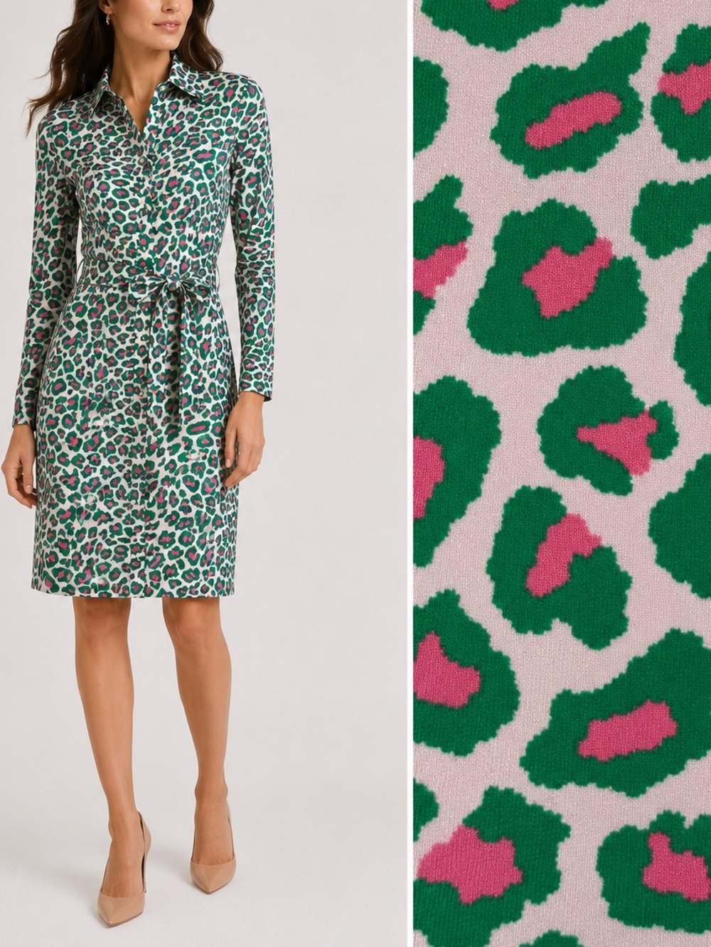 Brooks Brothers Jersey Belted Shirt Dress Pink Green Leopard Print $198 M